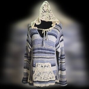 American Rag Blue and Cream Crochet Hoodie LG